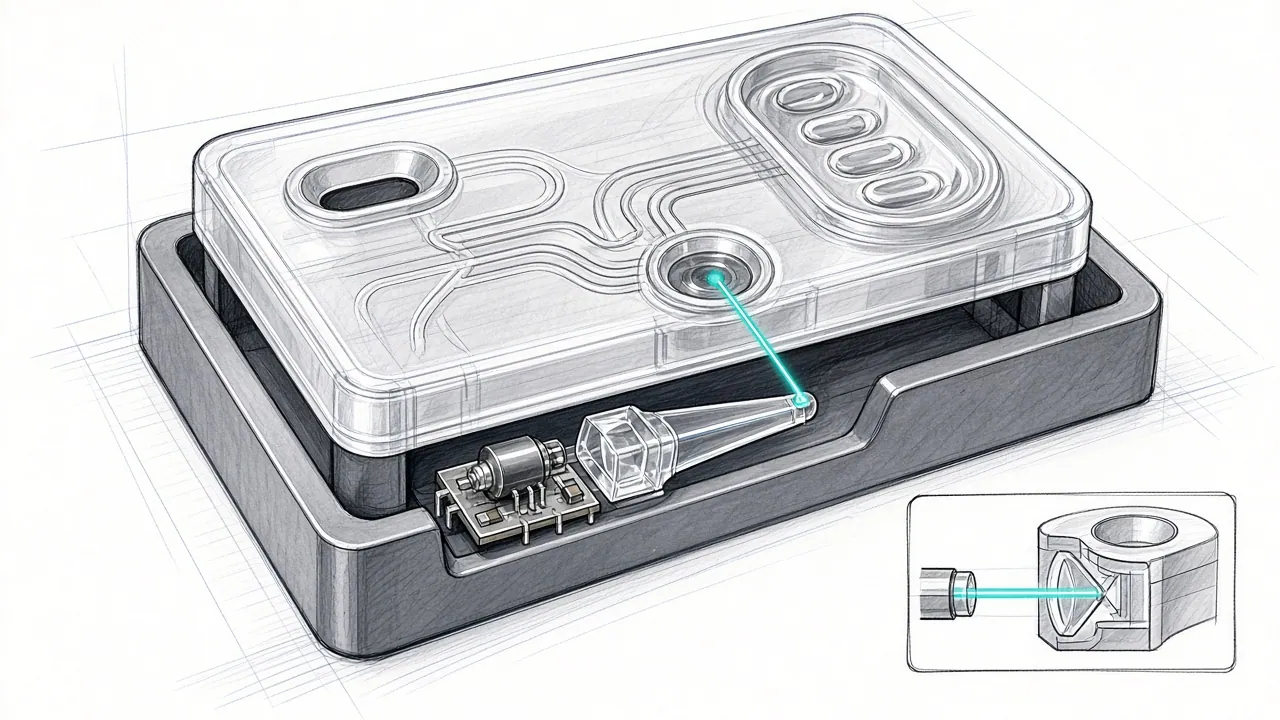 Sketch of a diagnostic cartridge in an instrument slot, with a laser diode, lens, and lightguide feeding the detection well.